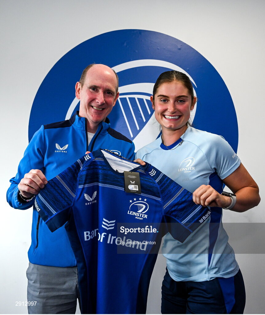 9 August 2024; Ella Roberts during the Leinster Rugby women's jersey presentation at Energia Park in Dublin. Photo by Shauna Clinton/Sportsfile