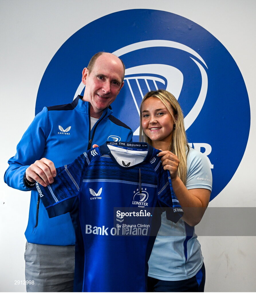 9 August 2024; Aoife Dalton during the Leinster Rugby women's jersey presentation at Energia Park in Dublin. Photo by Shauna Clinton/Sportsfile