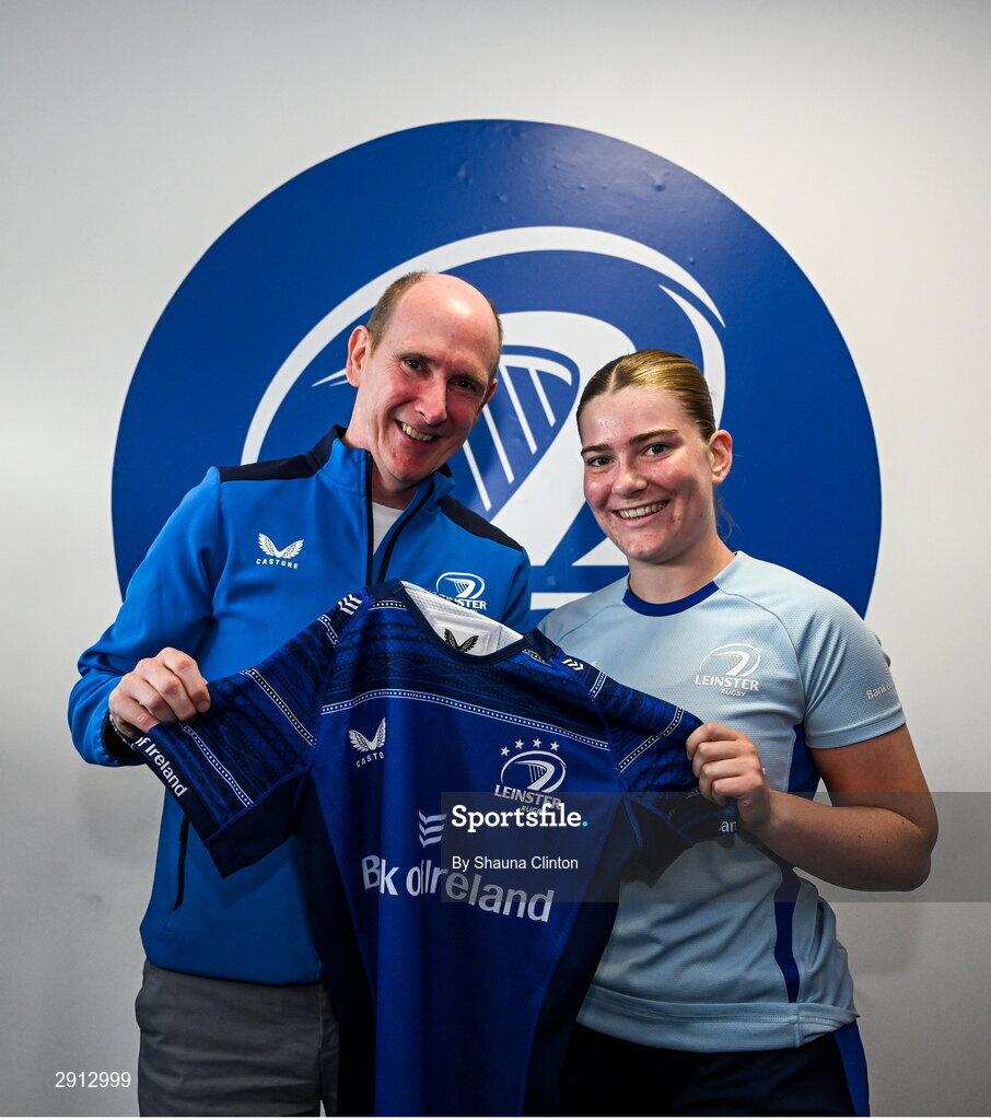 9 August 2024; Cara Martin during the Leinster Rugby women's jersey presentation at Energia Park in Dublin. Photo by Shauna Clinton/Sportsfile