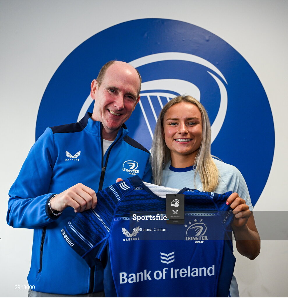 9 August 2024; Emma Tilly during the Leinster Rugby women's jersey presentation at Energia Park in Dublin. Photo by Shauna Clinton/Sportsfile