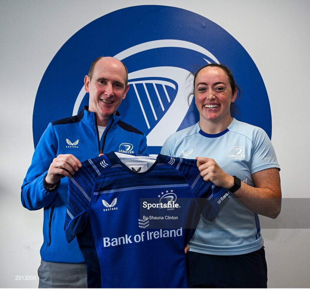 9 August 2024; Clodagh Dunne during the Leinster Rugby women's jersey presentation at Energia Park in Dublin. Photo by Shauna Clinton/Sportsfile