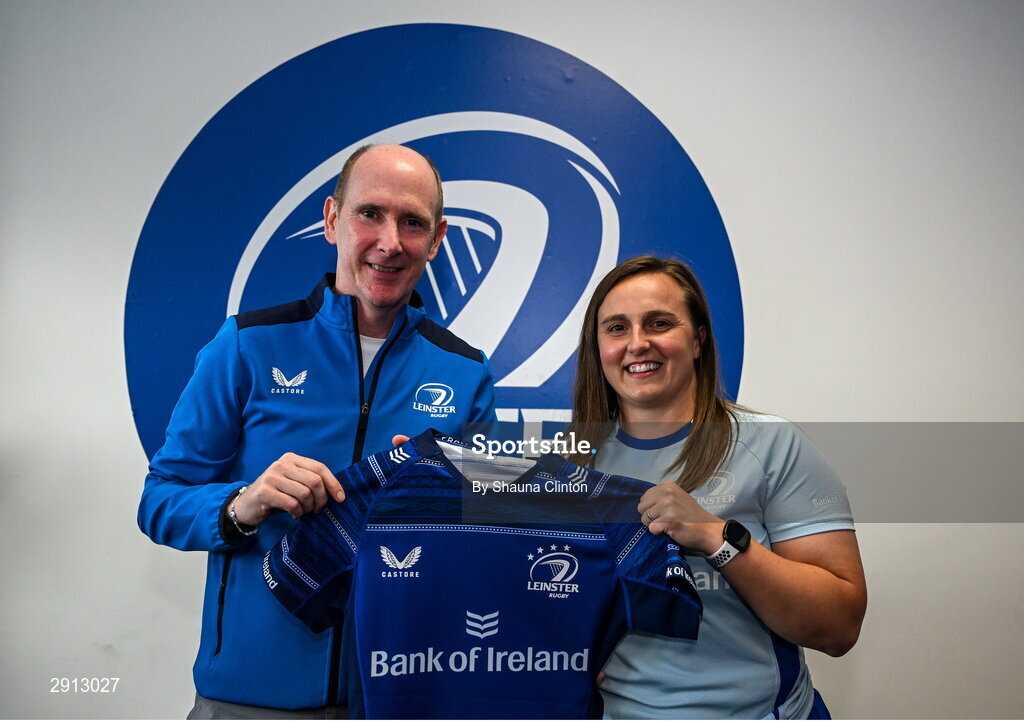 9 August 2024; Jemma Farrell during the Leinster Rugby women's jersey presentation at Energia Park in Dublin. Photo by Shauna Clinton/Sportsfile