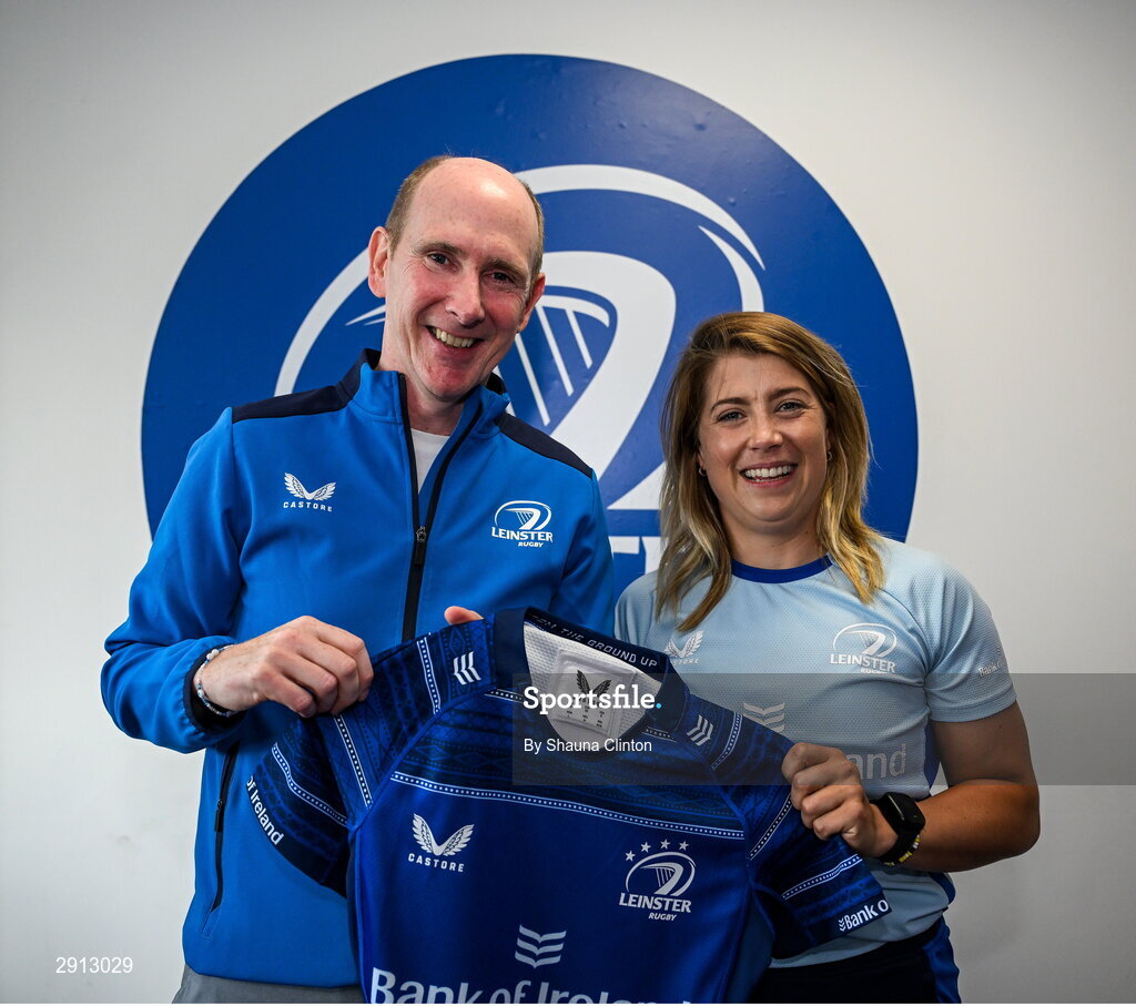 9 August 2024; Ailsa Hughes during the Leinster Rugby women's jersey presentation at Energia Park in Dublin. Photo by Shauna Clinton/Sportsfile