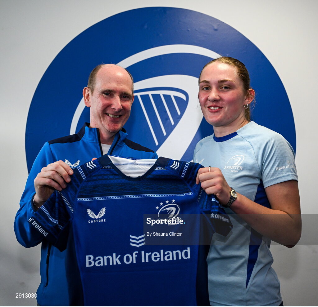 9 August 2024; Jane Neill during the Leinster Rugby women's jersey presentation at Energia Park in Dublin. Photo by Shauna Clinton/Sportsfile