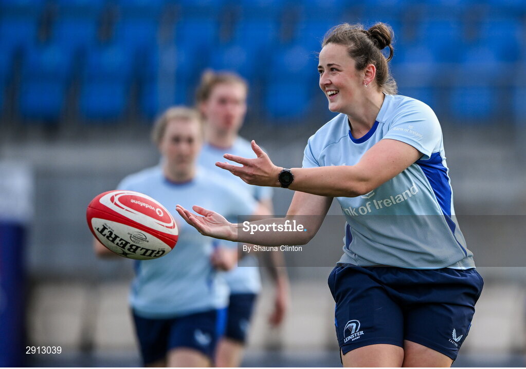9 August 2024; Nikki Caughey during the Leinster Rugby women's captain's run at Energia Park in Dublin. Photo by Shauna Clinton/Sportsfile