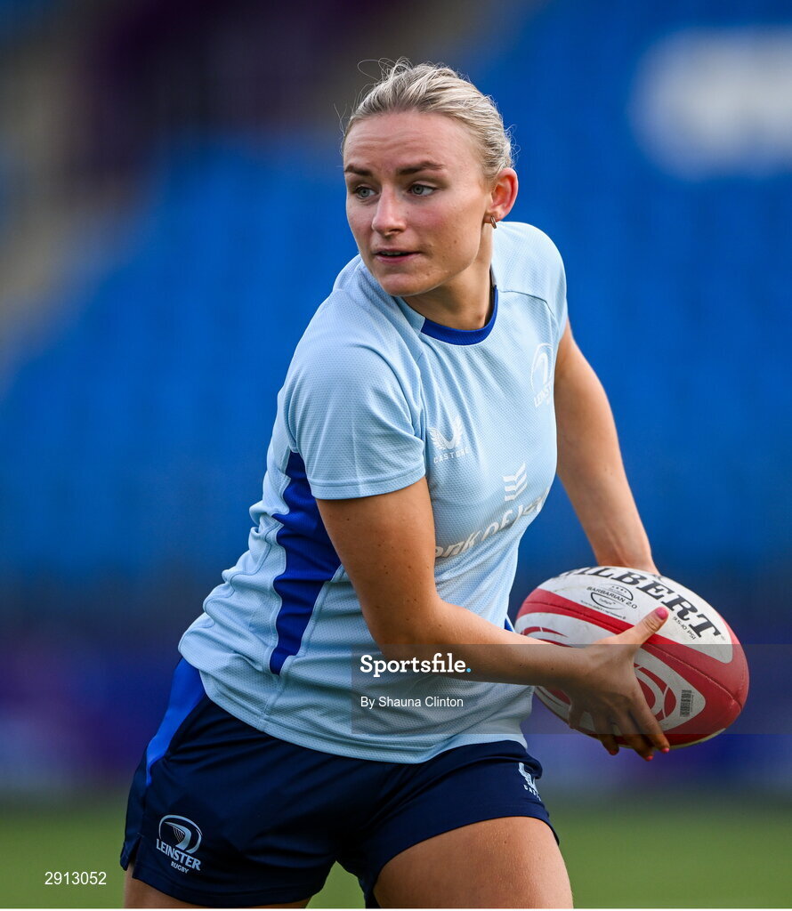 9 August 2024; Emma Tilly during the Leinster Rugby women's captain's run at Energia Park in Dublin. Photo by Shauna Clinton/Sportsfile