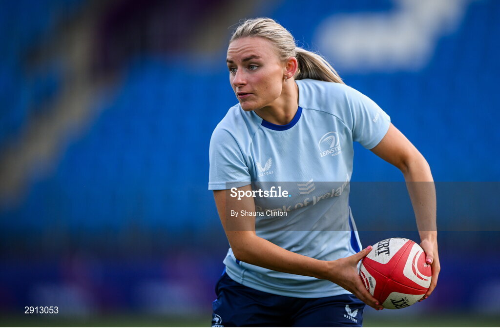 9 August 2024; Emma Tilly during the Leinster Rugby women's captain's run at Energia Park in Dublin. Photo by Shauna Clinton/Sportsfile