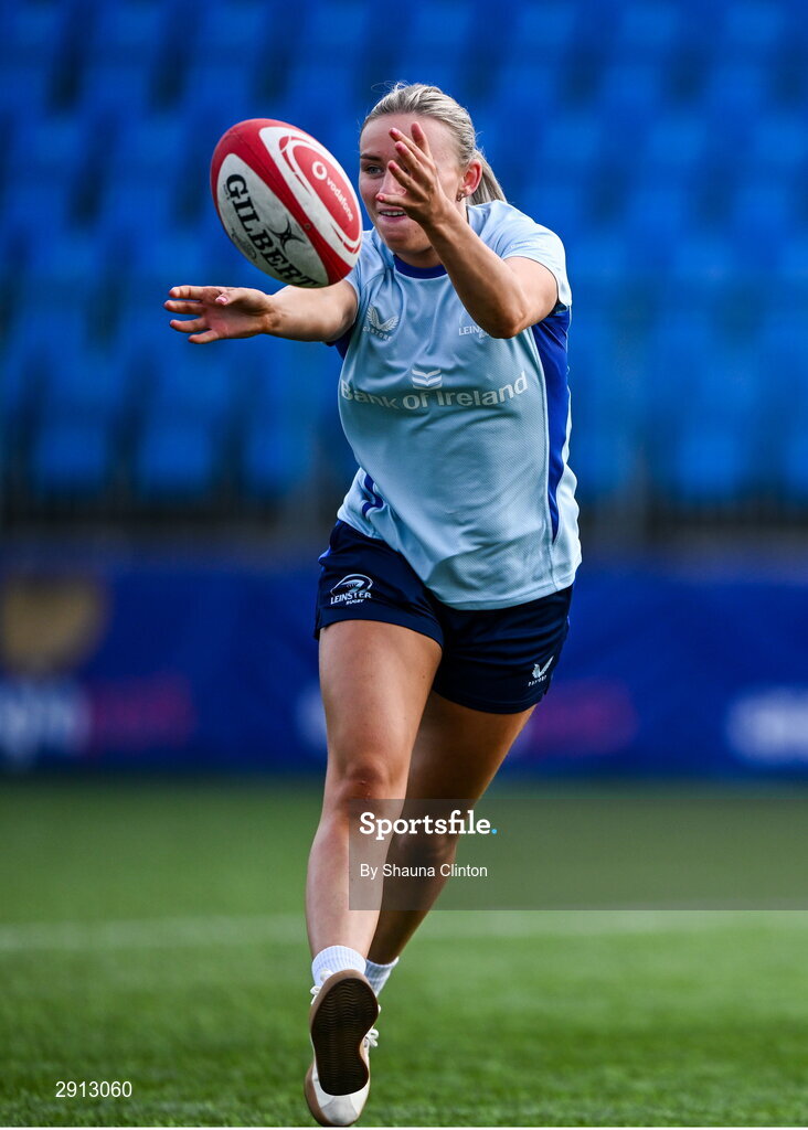 9 August 2024; Emma Tilly during the Leinster Rugby women's captain's run at Energia Park in Dublin. Photo by Shauna Clinton/Sportsfile