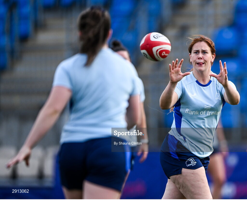 9 August 2024; Caoimhe Molloy during the Leinster Rugby women's captain's run at Energia Park in Dublin. Photo by Shauna Clinton/Sportsfile