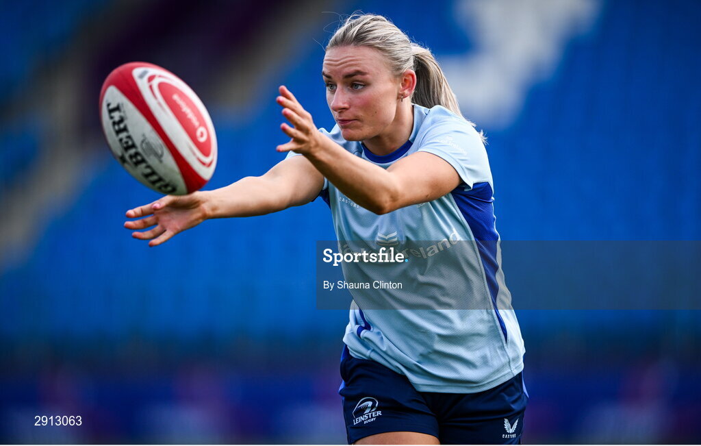 9 August 2024; Emma Tilly during the Leinster Rugby women's captain's run at Energia Park in Dublin. Photo by Shauna Clinton/Sportsfile