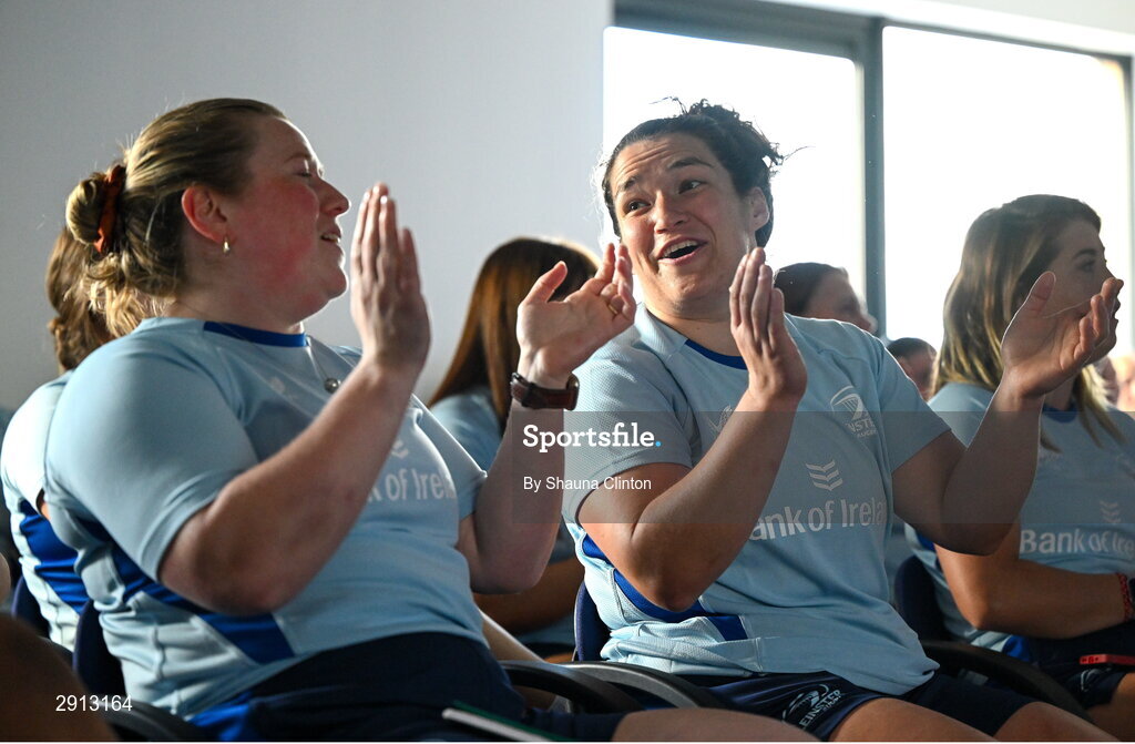 9 August 2024; Katie Layde, left, and Christy Haney, centre, during the Leinster Rugby women's jersey presentation at Energia Park in Dublin. Photo by Shauna Clinton/Sportsfile