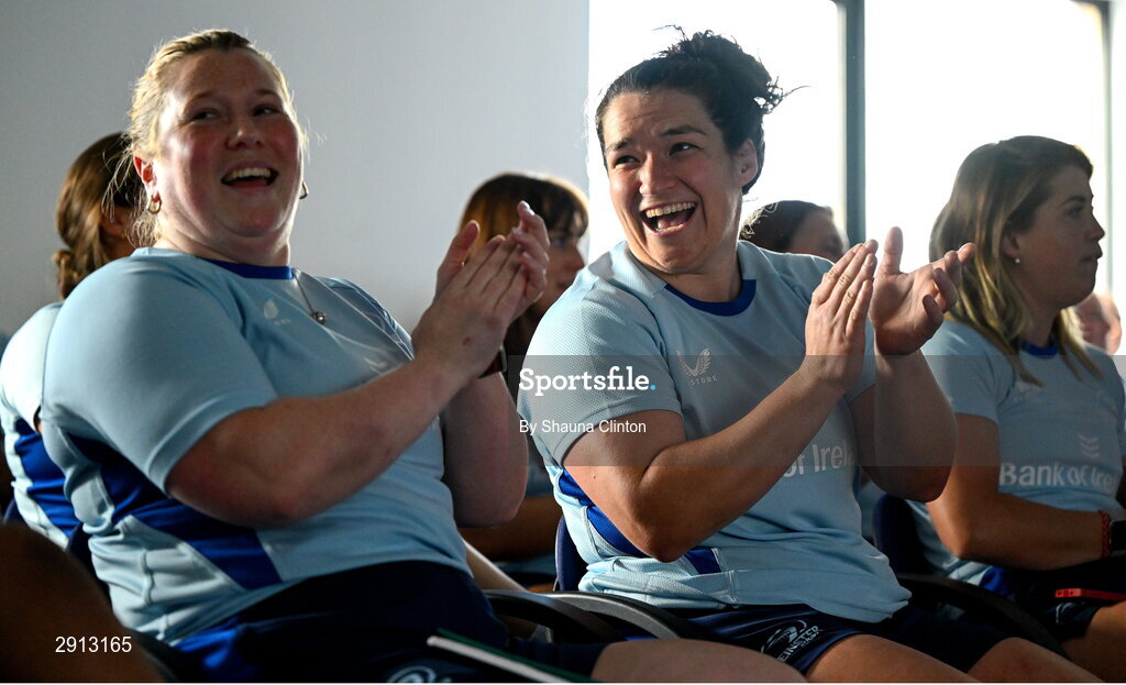 9 August 2024; Katie Layde, left, and Christy Haney, centre, during the Leinster Rugby women's jersey presentation at Energia Park in Dublin. Photo by Shauna Clinton/Sportsfile