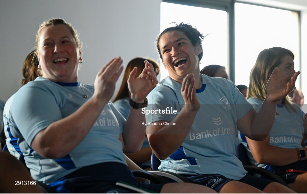 9 August 2024; Katie Layde, left, and Christy Haney, centre, during the Leinster Rugby women's jersey presentation at Energia Park in Dublin. Photo by Shauna Clinton/Sportsfile