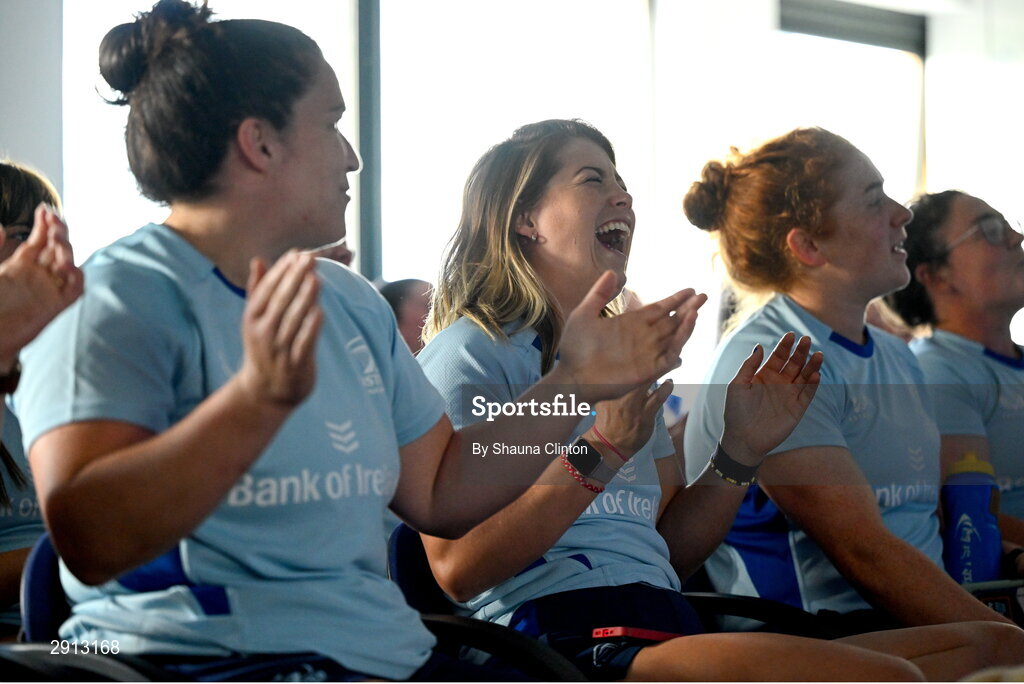 9 August 2024; Ailsa Hughes, centre, during the Leinster Rugby women's jersey presentation at Energia Park in Dublin. Photo by Shauna Clinton/Sportsfile