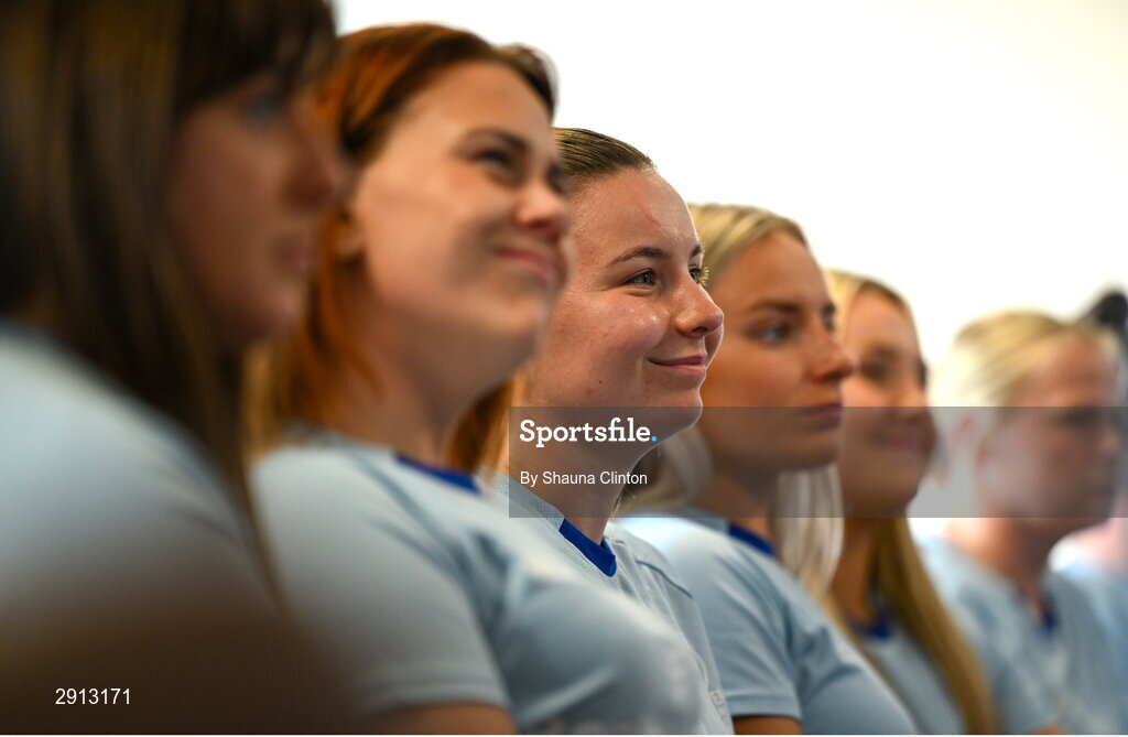 9 August 2024; Sarah Delaney, third from left, looks on during the Leinster Rugby women's jersey presentation at Energia Park in Dublin. Photo by Shauna Clinton/Sportsfile
