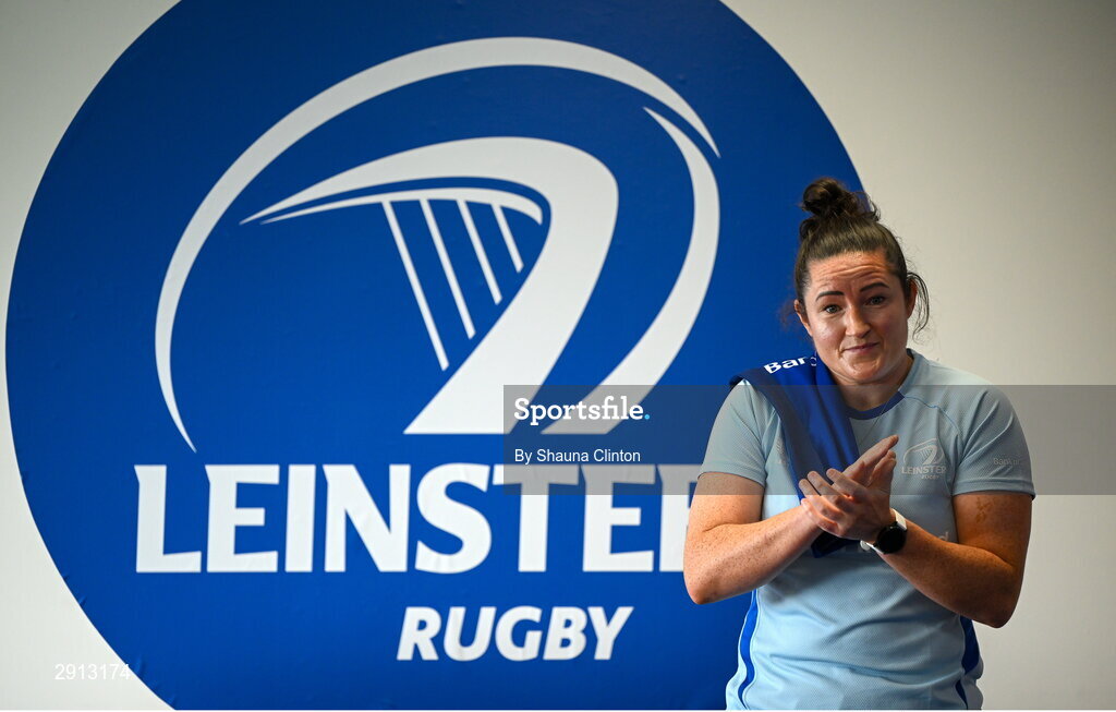 9 August 2024; Hannah O'Connor speaks to team-mates  during the Leinster Rugby women's jersey presentation at Energia Park in Dublin. Photo by Shauna Clinton/Sportsfile