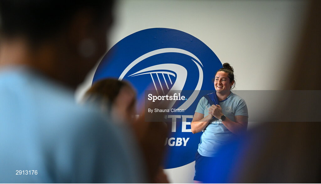 9 August 2024; Hannah O'Connor speaks to team-mates  during the Leinster Rugby women's jersey presentation at Energia Park in Dublin. Photo by Shauna Clinton/Sportsfile