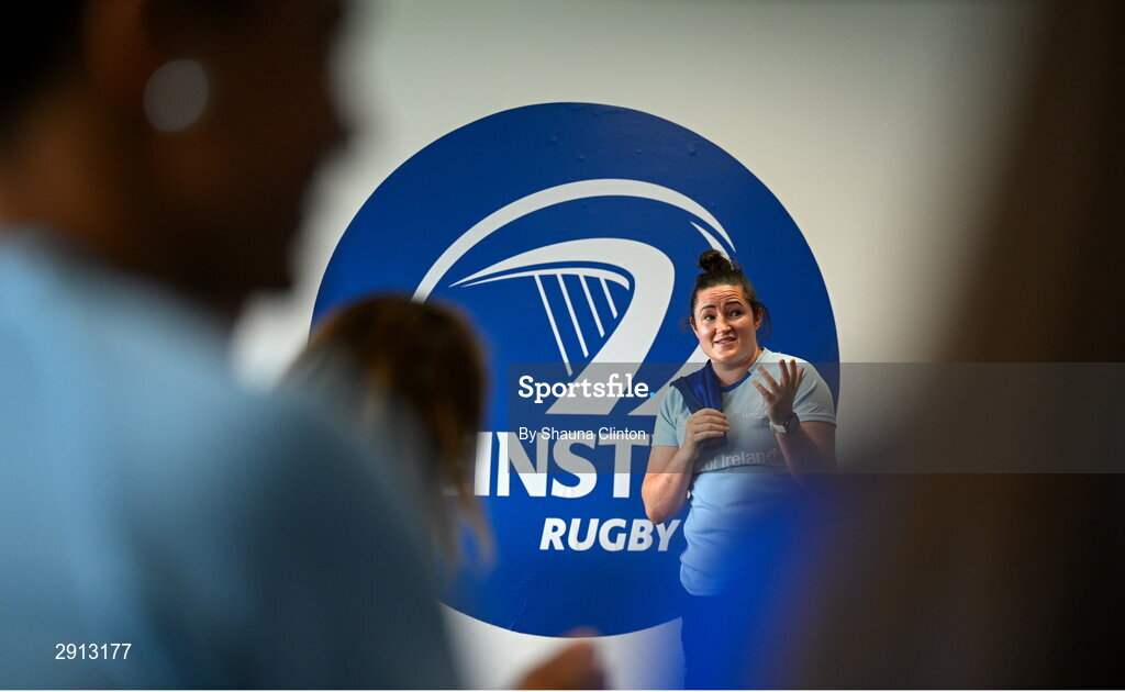9 August 2024; Hannah O'Connor speaks to team-mates  during the Leinster Rugby women's jersey presentation at Energia Park in Dublin. Photo by Shauna Clinton/Sportsfile