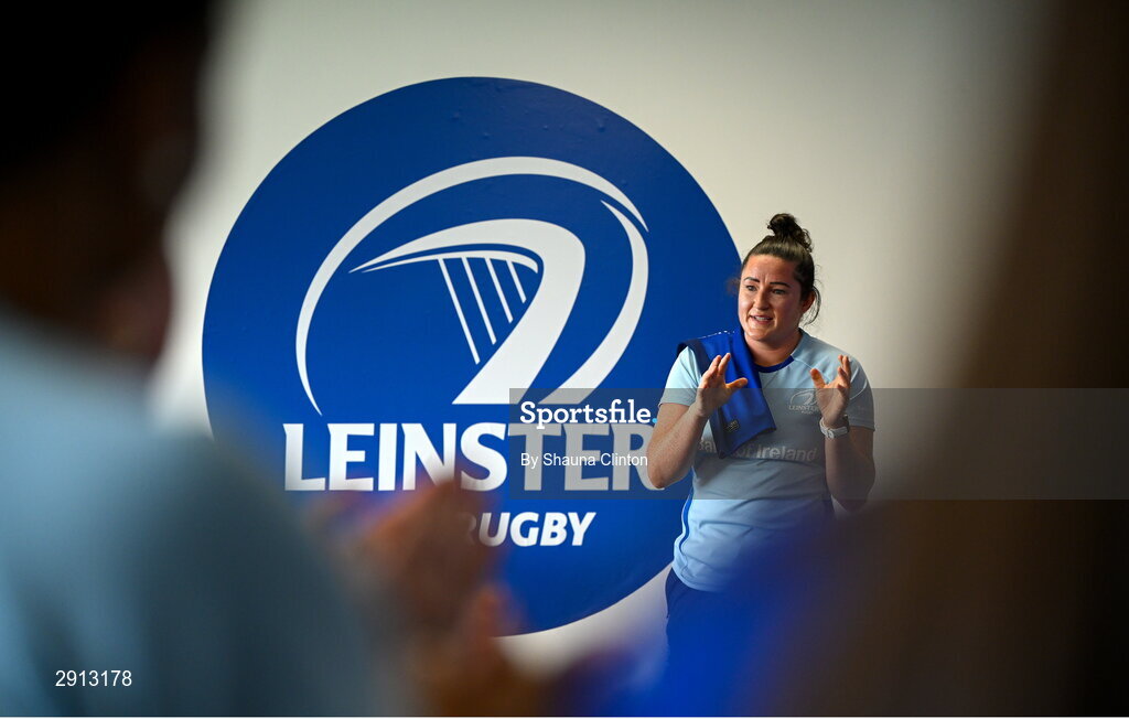 9 August 2024; Hannah O'Connor speaks to team-mates  during the Leinster Rugby women's jersey presentation at Energia Park in Dublin. Photo by Shauna Clinton/Sportsfile