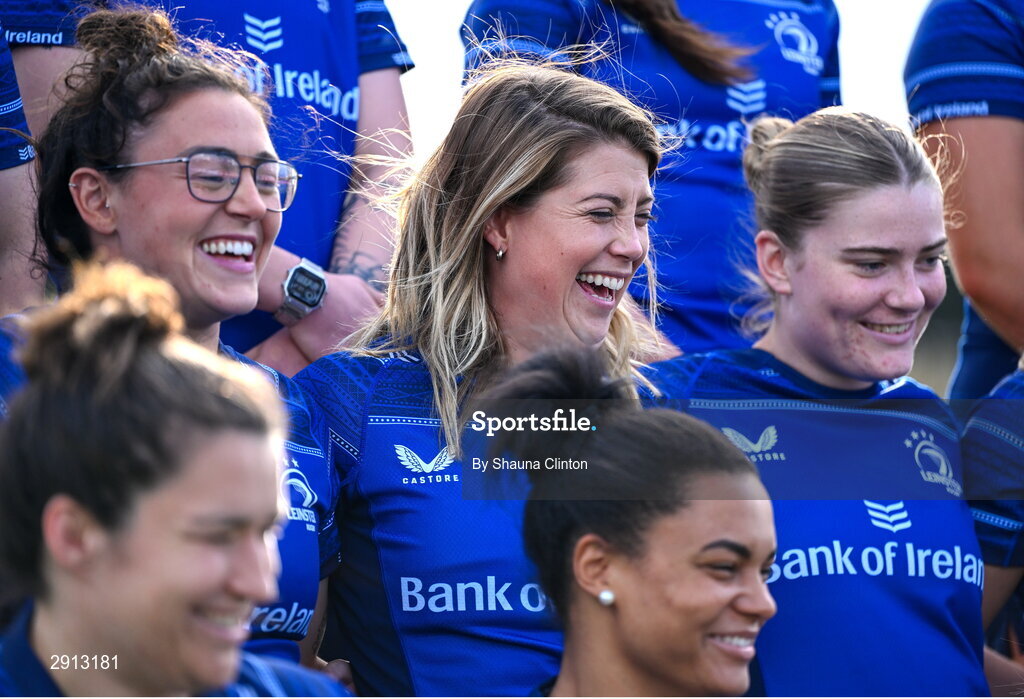 9 August 2024; Ailsa Hughes, centre, during the Leinster Rugby women's jersey presentation at Energia Park in Dublin. Photo by Shauna Clinton/Sportsfile