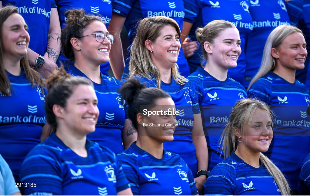 9 August 2024; Leinster players, back row, from left, Jemma Farrell, Aimee Clarke, Ailsa Hughes, Cara Martin, Emma Tilly, with, front row, from left, Christy Haney, Eimear Corri and Aoife Dalton during the Leinster Rugby women's jersey presentation at Energia Park in Dublin. Photo by Shauna Clinton/Sportsfile