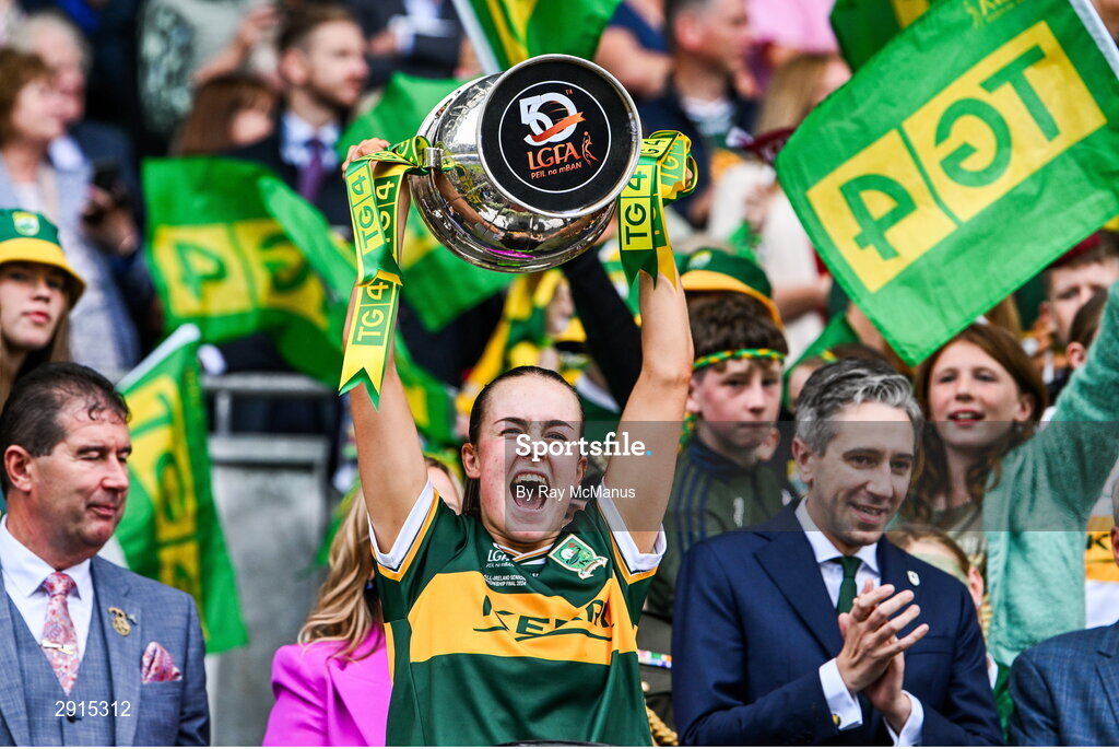 4 August 2024; Aoife Dillane of Kerry lifts the cup after her side's victory in the TG4 All-Ireland Ladies Football Senior Championship final match between Galway and Kerry at Croke Park, Dublin. Photo by Ray McManus/Sportsfile