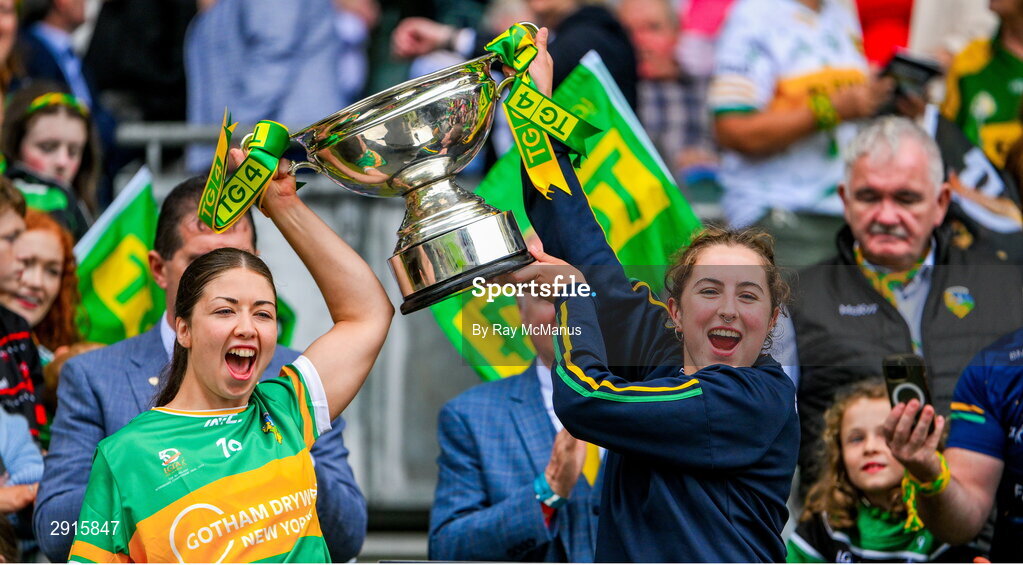4 August 2024; Eimear McHugh and Eabha Moyles of Leitrim lift the Mary Quinn Memorial cup after the TG4 All-Ireland Ladies Football Intermediate Championship final match between Leitrim and Tyrone at Croke Park, Dublin. Photo by Ray McManus/Sportsfile