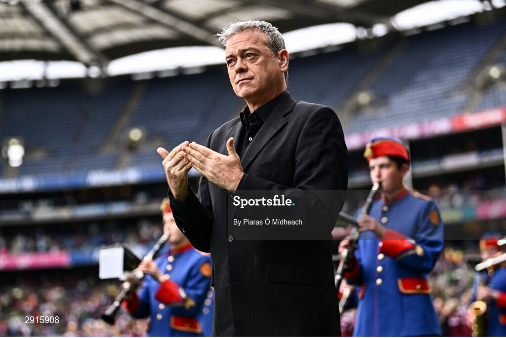 4 August 2024; Amhrán na bhFiann is signed by Senan Dunne before the TG4 All-Ireland Ladies Football Senior Championship final match between Galway and Kerry at Croke Park in Dublin. Photo by Piaras Ó Mídheach/Sportsfile