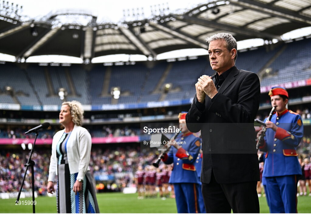4 August 2024; Amhrán na bhFiann is signed by Senan Dunne before the TG4 All-Ireland Ladies Football Senior Championship final match between Galway and Kerry at Croke Park in Dublin. Photo by Piaras Ó Mídheach/Sportsfile