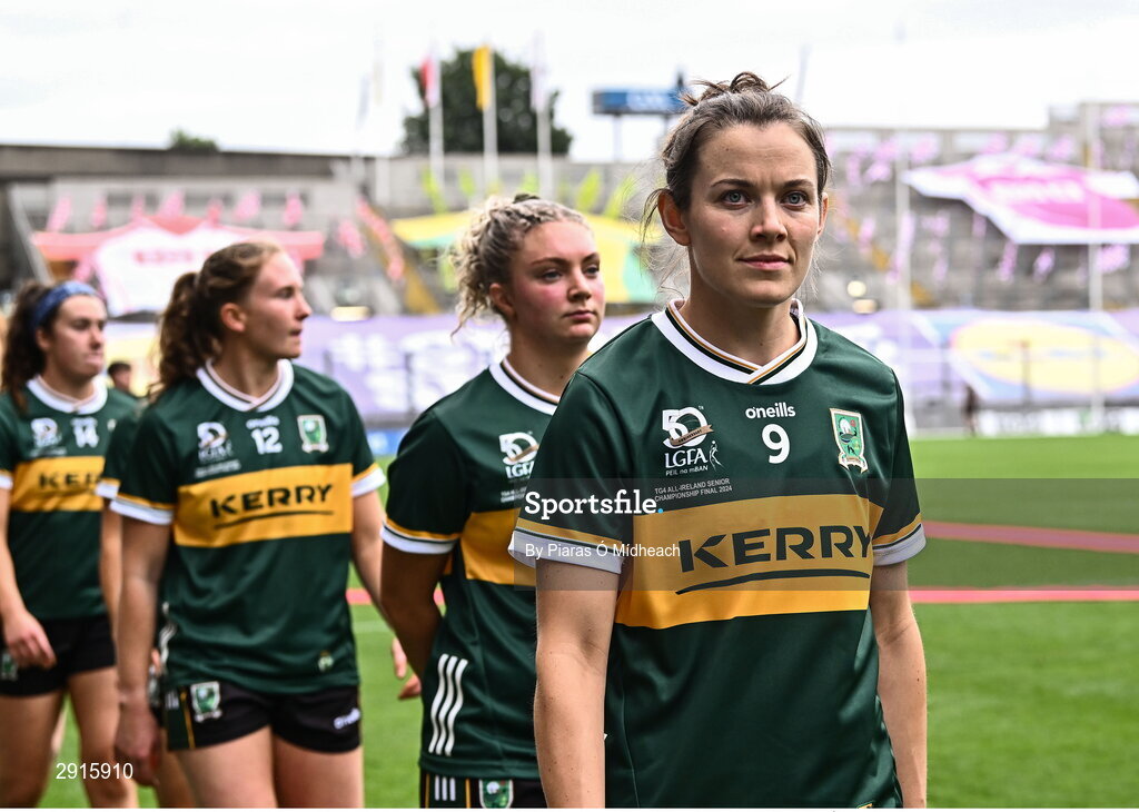 4 August 2024; Kerry players, including Anna Galvin, 9, in the parade before the TG4 All-Ireland Ladies Football Senior Championship final match between Galway and Kerry at Croke Park in Dublin. Photo by Piaras Ó Mídheach/Sportsfile