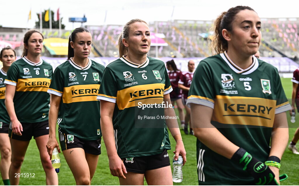 4 August 2024; Kerry players, including Deirdre Kearney of Kerry, 6, in the parade before the TG4 All-Ireland Ladies Football Senior Championship final match between Galway and Kerry at Croke Park in Dublin. Photo by Piaras Ó Mídheach/Sportsfile