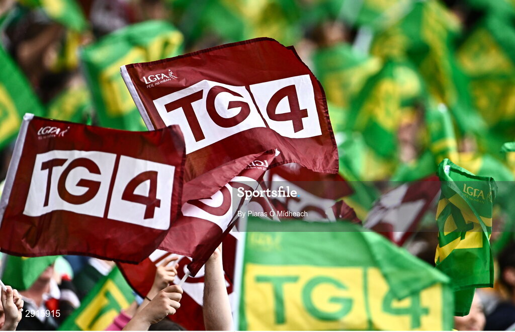 4 August 2024; Supporters waving flags before the TG4 All-Ireland Ladies Football Senior Championship final match between Galway and Kerry at Croke Park in Dublin. Photo by Piaras Ó Mídheach/Sportsfile