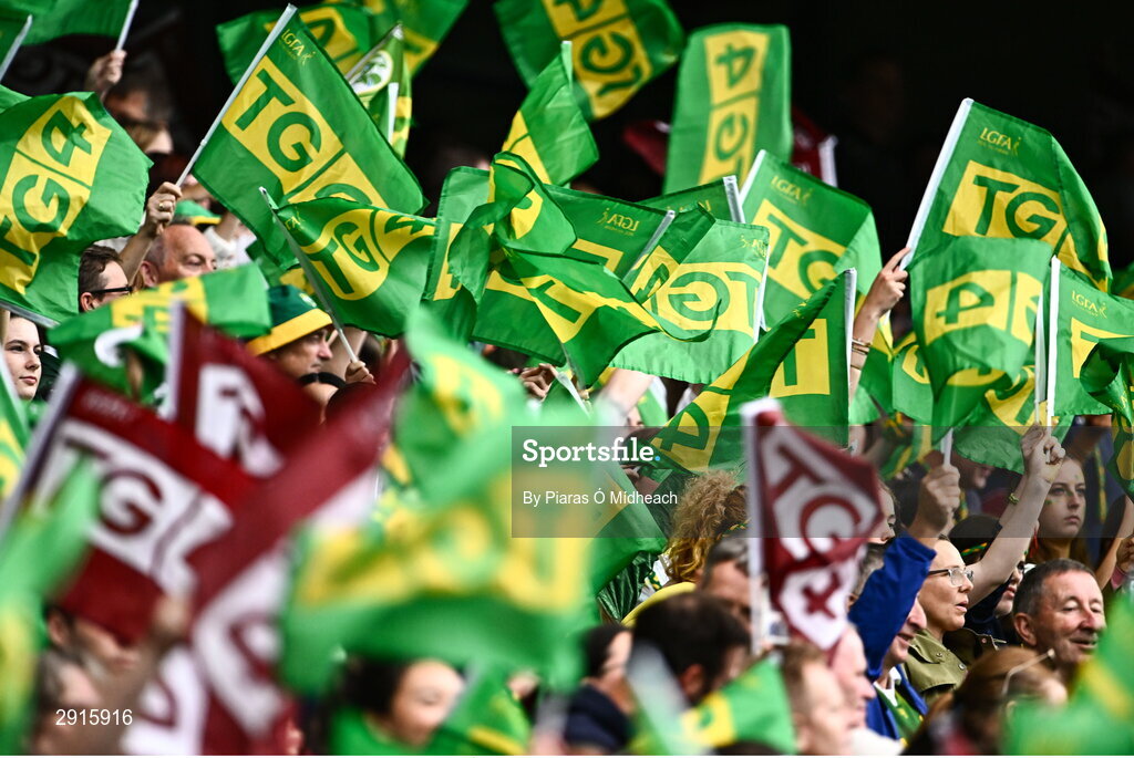 4 August 2024; Supporters waving flags before the TG4 All-Ireland Ladies Football Senior Championship final match between Galway and Kerry at Croke Park in Dublin. Photo by Piaras Ó Mídheach/Sportsfile