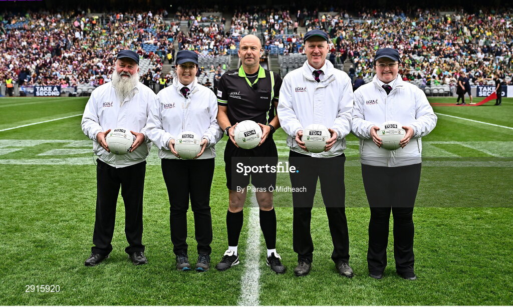 4 August 2024; Referee Jonathan Murphy with his umpires before the TG4 All-Ireland Ladies Football Senior Championship final match between Galway and Kerry at Croke Park in Dublin. Photo by Piaras Ó Mídheach/Sportsfile