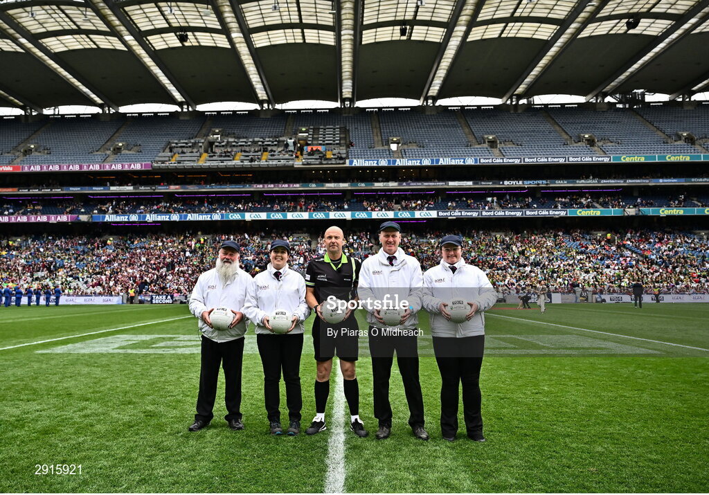 4 August 2024; Referee Jonathan Murphy with his umpires before the TG4 All-Ireland Ladies Football Senior Championship final match between Galway and Kerry at Croke Park in Dublin. Photo by Piaras Ó Mídheach/Sportsfile