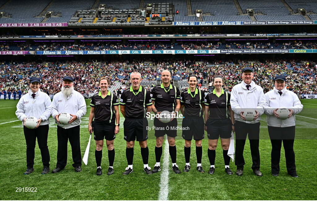 4 August 2024; Referee Jonathan Murphy with his match officials before the TG4 All-Ireland Ladies Football Senior Championship final match between Galway and Kerry at Croke Park in Dublin. Photo by Piaras Ó Mídheach/Sportsfile