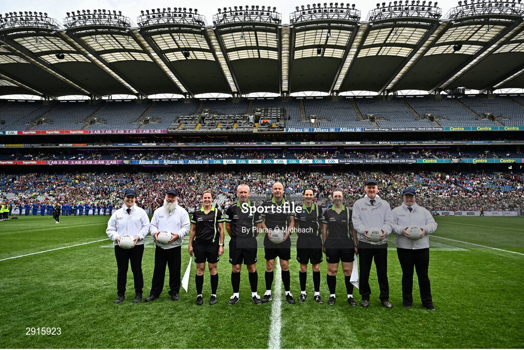 4 August 2024; Referee Jonathan Murphy with his match officials before the TG4 All-Ireland Ladies Football Senior Championship final match between Galway and Kerry at Croke Park in Dublin. Photo by Piaras Ó Mídheach/Sportsfile