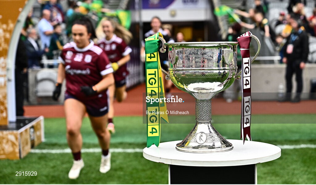 4 August 2024; Galway players run past the Brendan Martin Cup before the TG4 All-Ireland Ladies Football Senior Championship final match between Galway and Kerry at Croke Park in Dublin. Photo by Piaras Ó Mídheach/Sportsfile