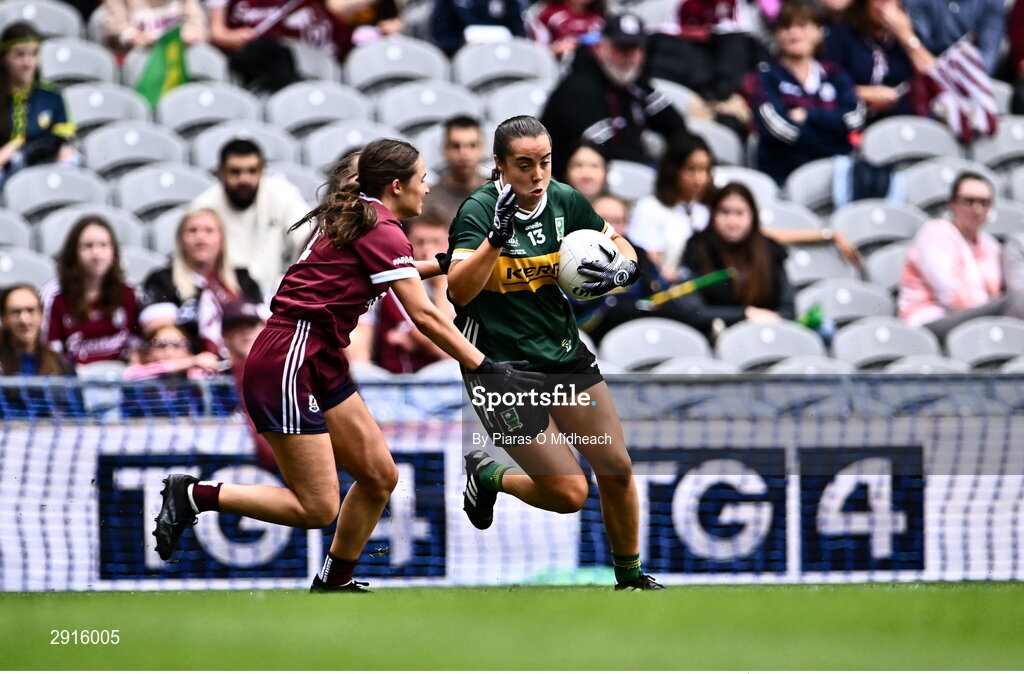 4 August 2024; Danielle O'Leary of Kerry in action against Kate Geraghty of Galway during the TG4 All-Ireland Ladies Football Senior Championship final match between Galway and Kerry at Croke Park in Dublin. Photo by Piaras Ó Mídheach/Sportsfile