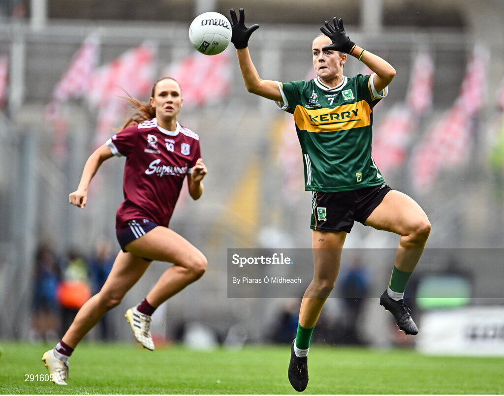 4 August 2024; Aoife Dillane of Kerry wins possession ahead of Olivia Divilly of Galway during the TG4 All-Ireland Ladies Football Senior Championship final match between Galway and Kerry at Croke Park in Dublin. Photo by Piaras Ó Mídheach/Sportsfile