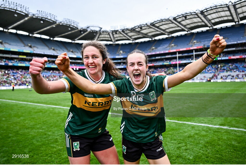 4 August 2024; Kerry players Aoife Dillane, right, and Mary O'Connell celebrates after their side's victory in the TG4 All-Ireland Ladies Football Senior Championship final match between Galway and Kerry at Croke Park in Dublin. Photo by Piaras Ó Mídheach/Sportsfile