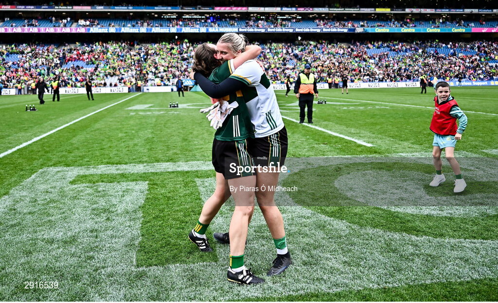 4 August 2024; Kerry goalkeeper Ciara Butler, right, and team-mate Anna Galvin celebrate after their side's victory in the TG4 All-Ireland Ladies Football Senior Championship final match between Galway and Kerry at Croke Park in Dublin. Photo by Piaras Ó Mídheach/Sportsfile