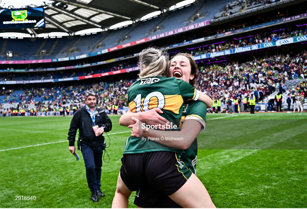 4 August 2024; Kerry players Niamh Carmody, 10, and Mary O'Connell celebrate after their side's victory in the TG4 All-Ireland Ladies Football Senior Championship final match between Galway and Kerry at Croke Park in Dublin. Photo by Piaras Ó Mídheach/Sportsfile