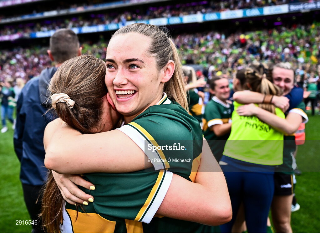 4 August 2024; Ciara McCarthy of Kerry, right, celebrates after her side's victory in the TG4 All-Ireland Ladies Football Senior Championship final match between Galway and Kerry at Croke Park in Dublin. Photo by Piaras Ó Mídheach/Sportsfile