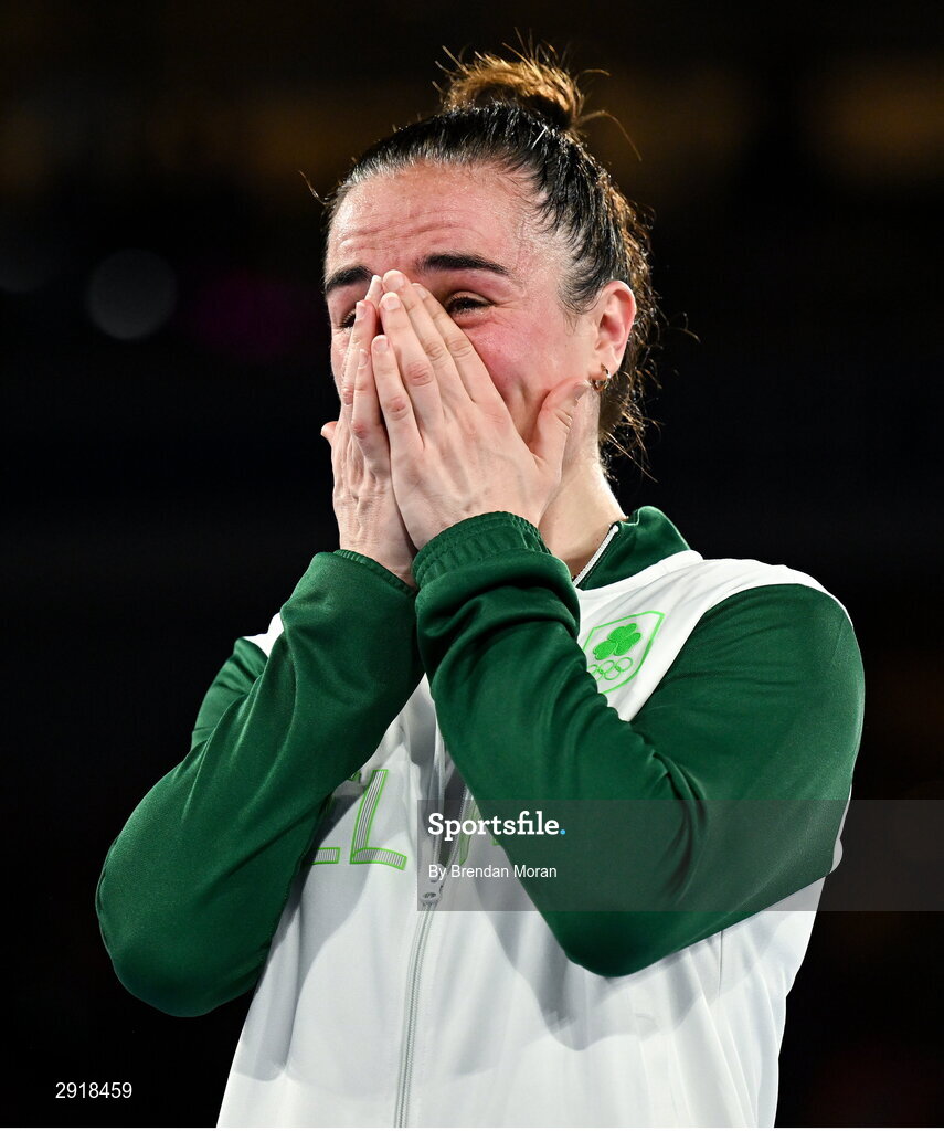 6 August 2024; An emotional Kellie Harrington of Team Ireland before receiving her gold medal after defeating Wenlu Yang of Team People's Republic of China in their women's 60kg final bout at Court Philippe-Chatrier in Roland Garros Stadium during the 2024 Paris Summer Olympic Games in Paris, France. Photo by Brendan Moran/Sportsfile