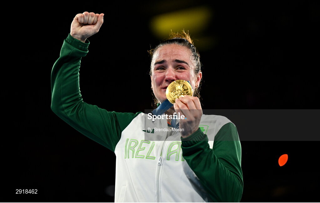 6 August 2024; An emotional Kellie Harrington of Team Ireland with her gold medal after defeating Wenlu Yang of Team People's Republic of China in their women's 60kg final bout at Court Philippe-Chatrier in Roland Garros Stadium during the 2024 Paris Summer Olympic Games in Paris, France. Photo by Brendan Moran/Sportsfile