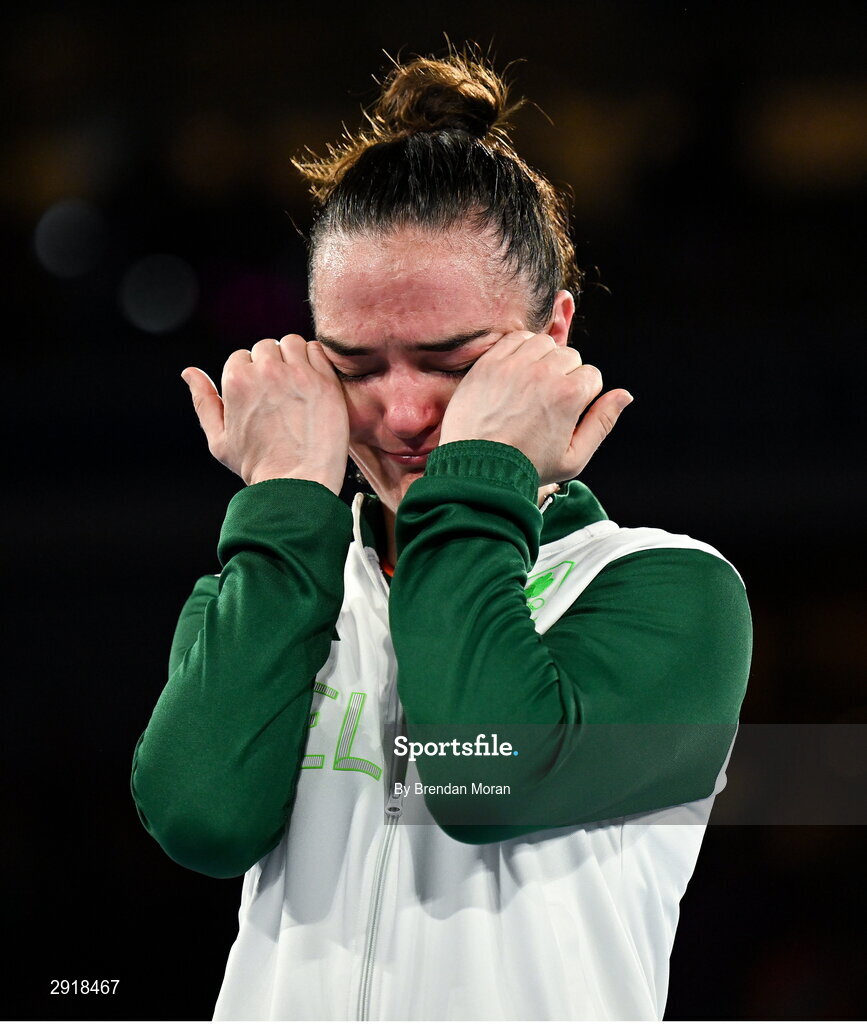 6 August 2024; An emotional Kellie Harrington of Team Ireland before receiving her gold medal after defeating Wenlu Yang of Team People's Republic of China in their women's 60kg final bout at Court Philippe-Chatrier in Roland Garros Stadium during the 2024 Paris Summer Olympic Games in Paris, France. Photo by Brendan Moran/Sportsfile