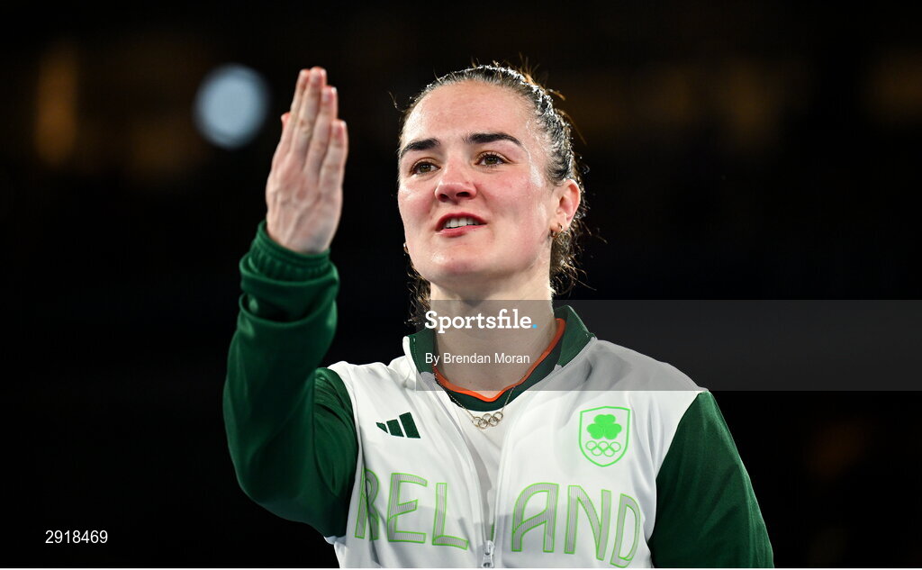6 August 2024; Kellie Harrington of Team Ireland blows a kiss to her wife Mandy before receiving her gold medal after defeating Wenlu Yang of Team People's Republic of China in their women's 60kg final bout at Court Philippe-Chatrier in Roland Garros Stadium during the 2024 Paris Summer Olympic Games in Paris, France. Photo by Brendan Moran/Sportsfile