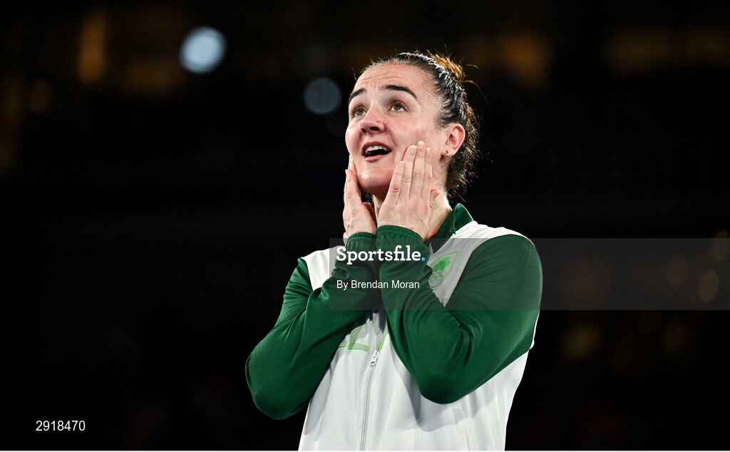 6 August 2024; Kellie Harrington of Team Ireland celebrates before receiving her gold medal after defeating Wenlu Yang of Team People's Republic of China in their women's 60kg final bout at Court Philippe-Chatrier in Roland Garros Stadium during the 2024 Paris Summer Olympic Games in Paris, France. Photo by Brendan Moran/Sportsfile