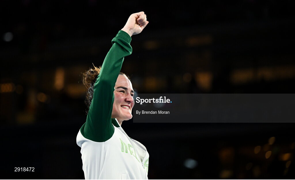 6 August 2024; Kellie Harrington of Team Ireland celebrates before receiving her gold medal after defeating Wenlu Yang of Team People's Republic of China in their women's 60kg final bout at Court Philippe-Chatrier in Roland Garros Stadium during the 2024 Paris Summer Olympic Games in Paris, France. Photo by Brendan Moran/Sportsfile